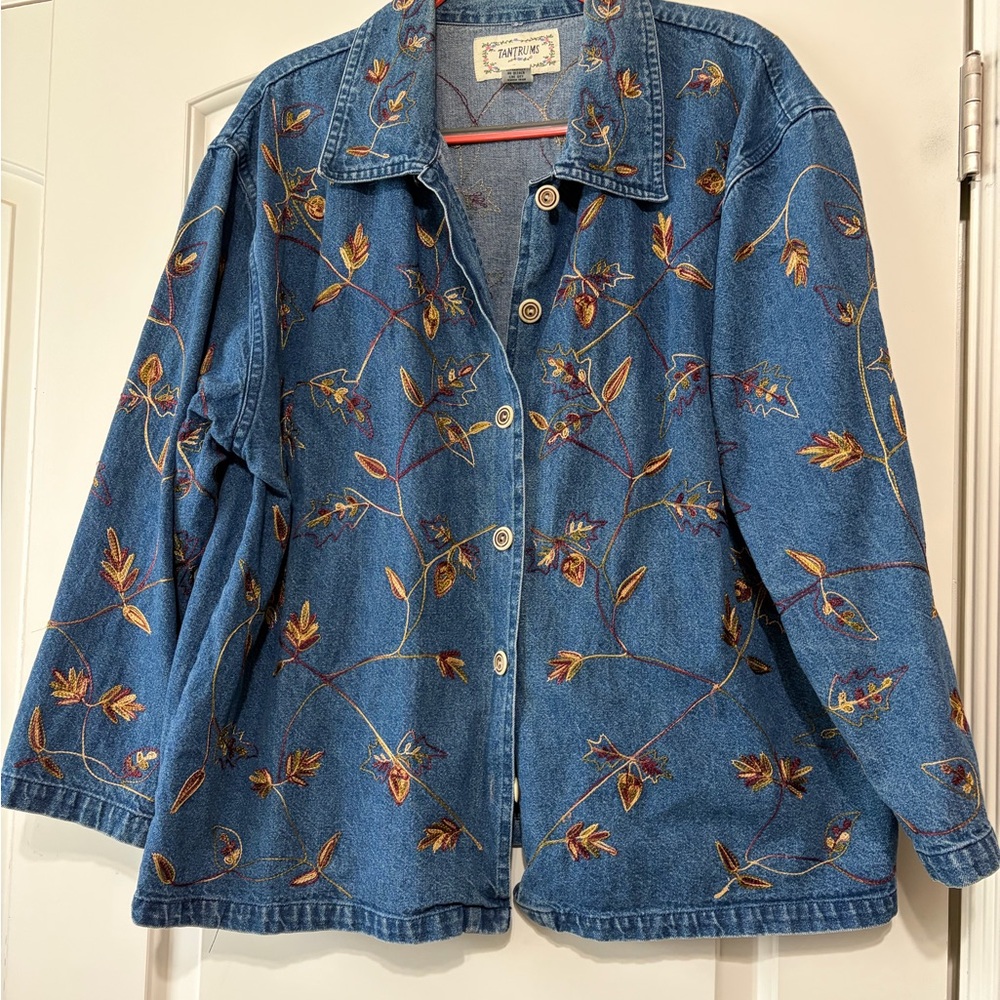Tantrums Blue Denim Jacket with Floral Embroidery
